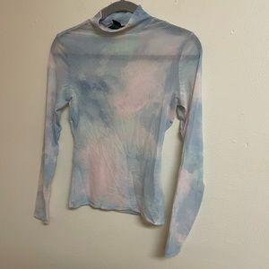 MESH MULTICOLORED LONG SLEEVE MOCK NECK TOP